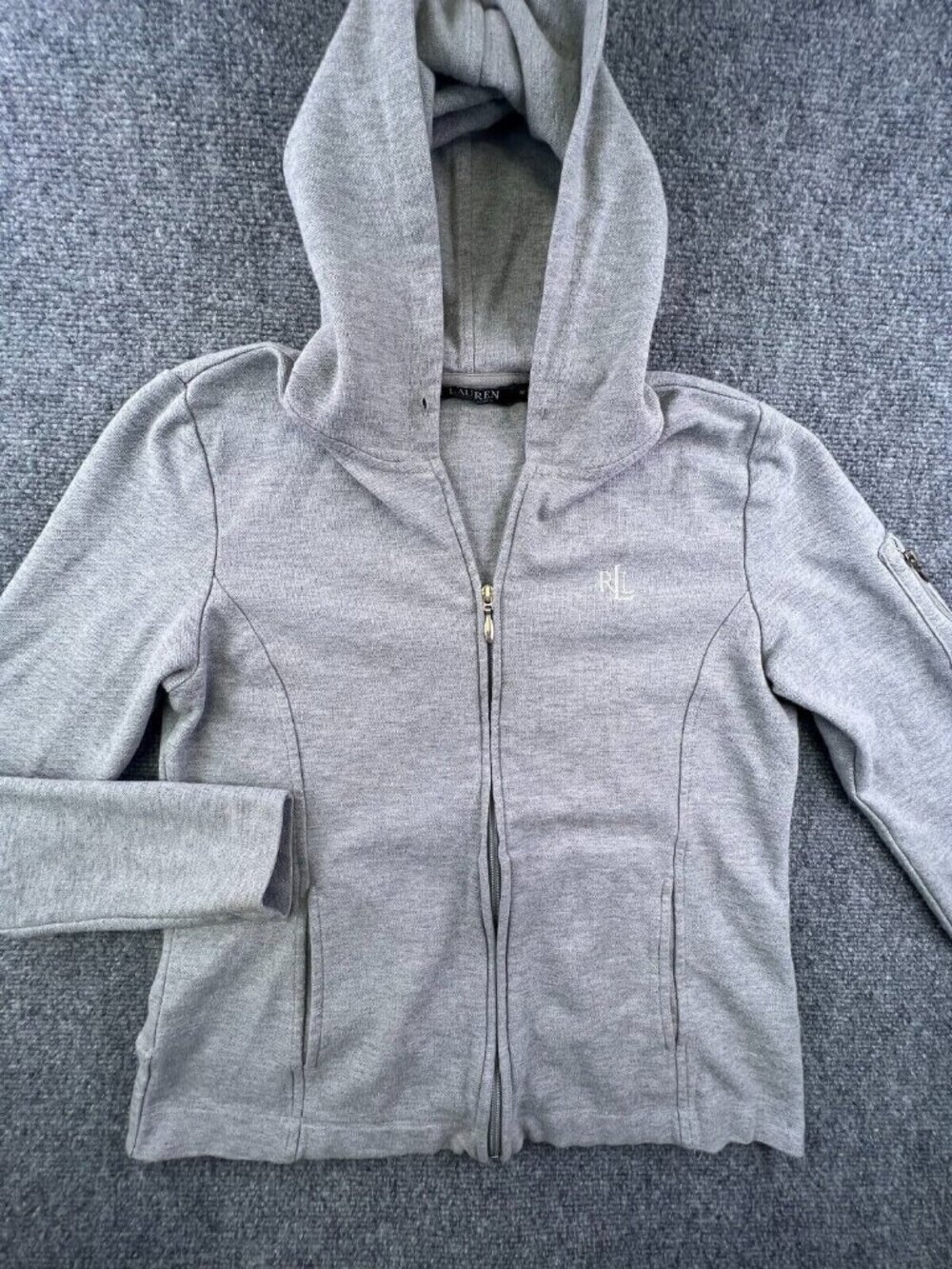 LAUREN RALPH LAUREN PolyCotton Full Zip Jacket w Pockets, Logo Gray Medium
